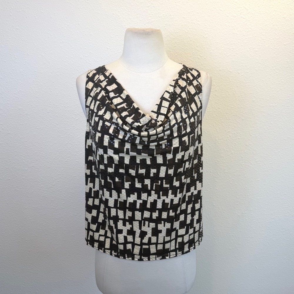 Vtg Brown Neutral Drape Neck Tank Top Womens Medium Sequin Geometric Boho Artsy